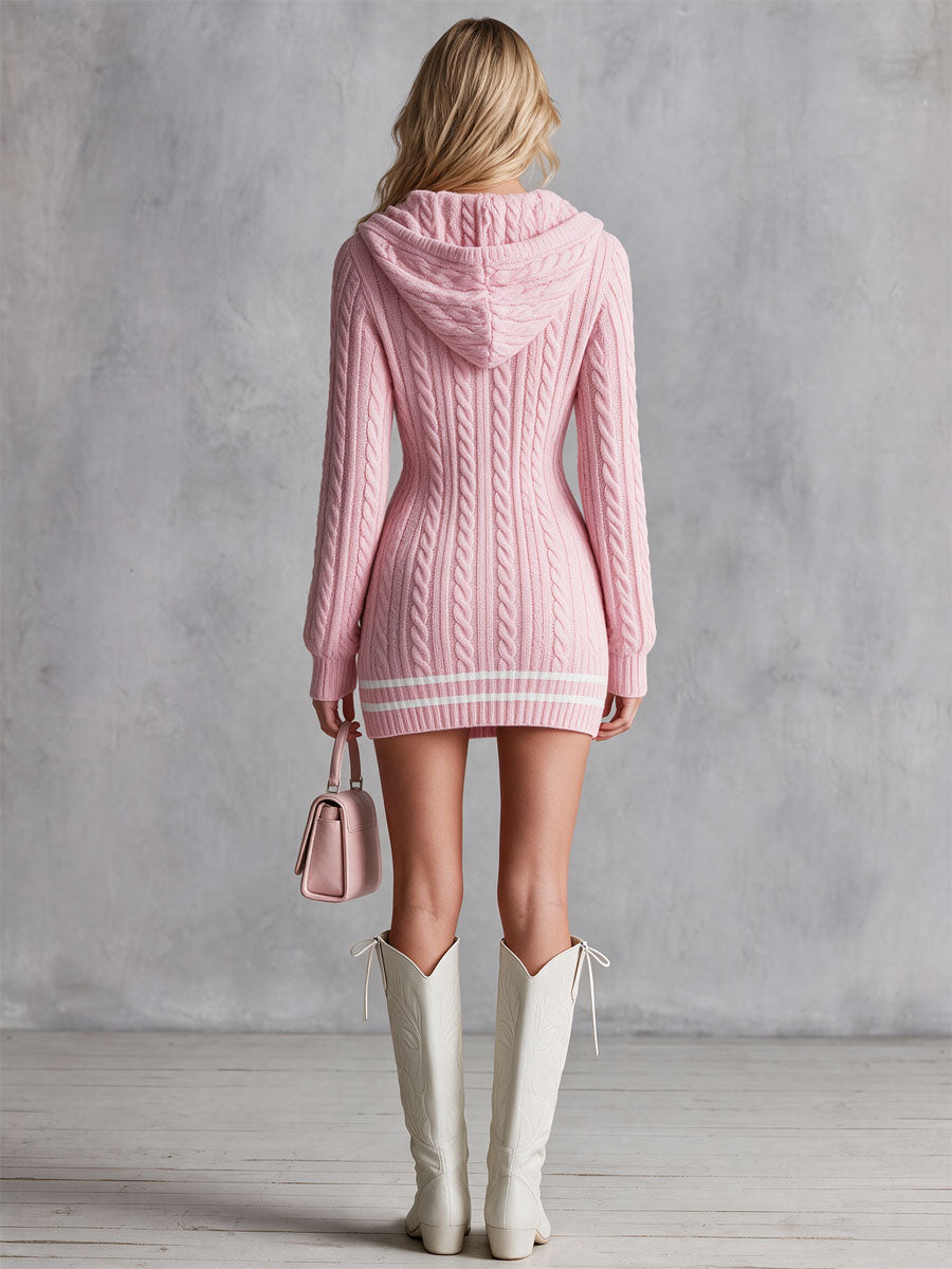 Margot - Women's Hooded Cable-Knit V-Neck Mini Dress