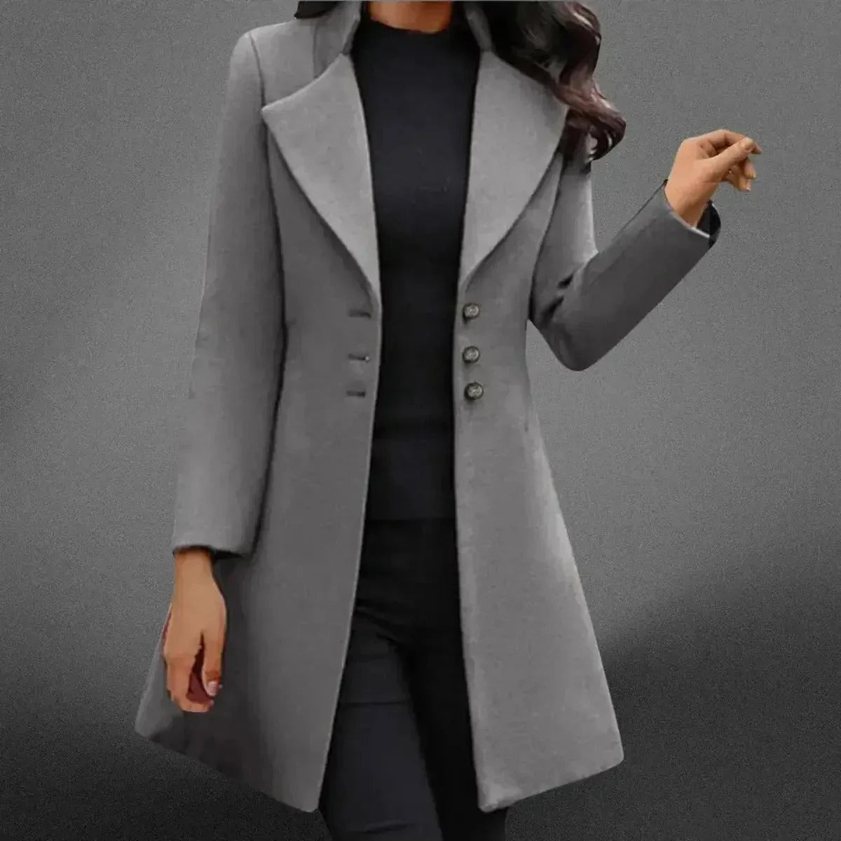 Marguerite - Women's Notch-Lapel Long Coat with Button Front