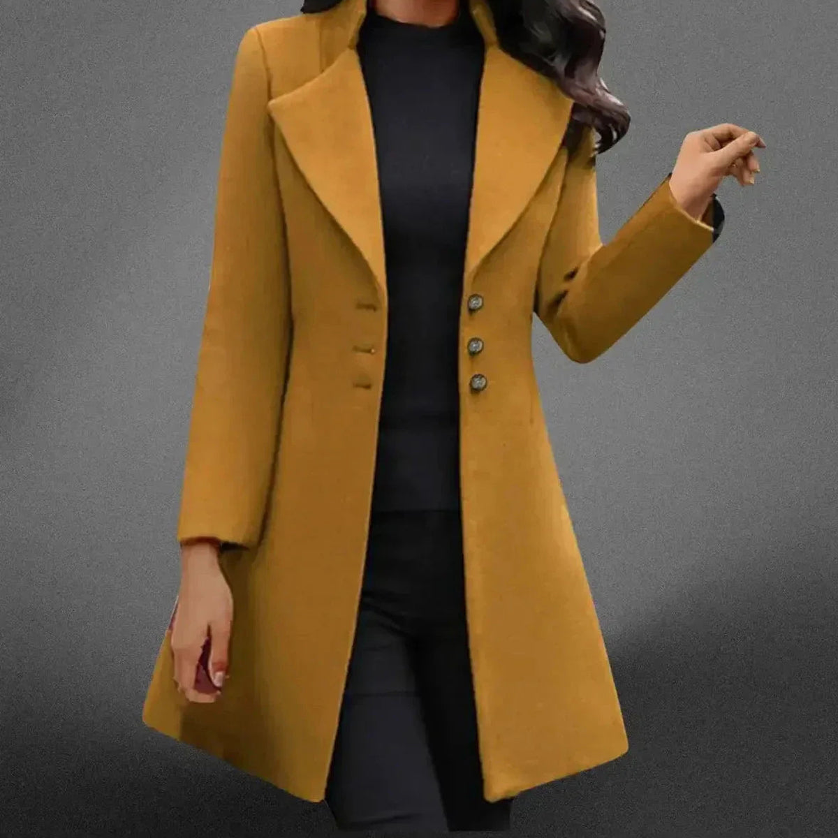 Marguerite - Women's Notch-Lapel Long Coat with Button Front