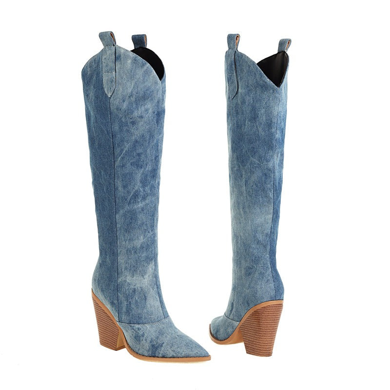 Mariana - Women's Denim Knee-High Boots with Stacked Heel