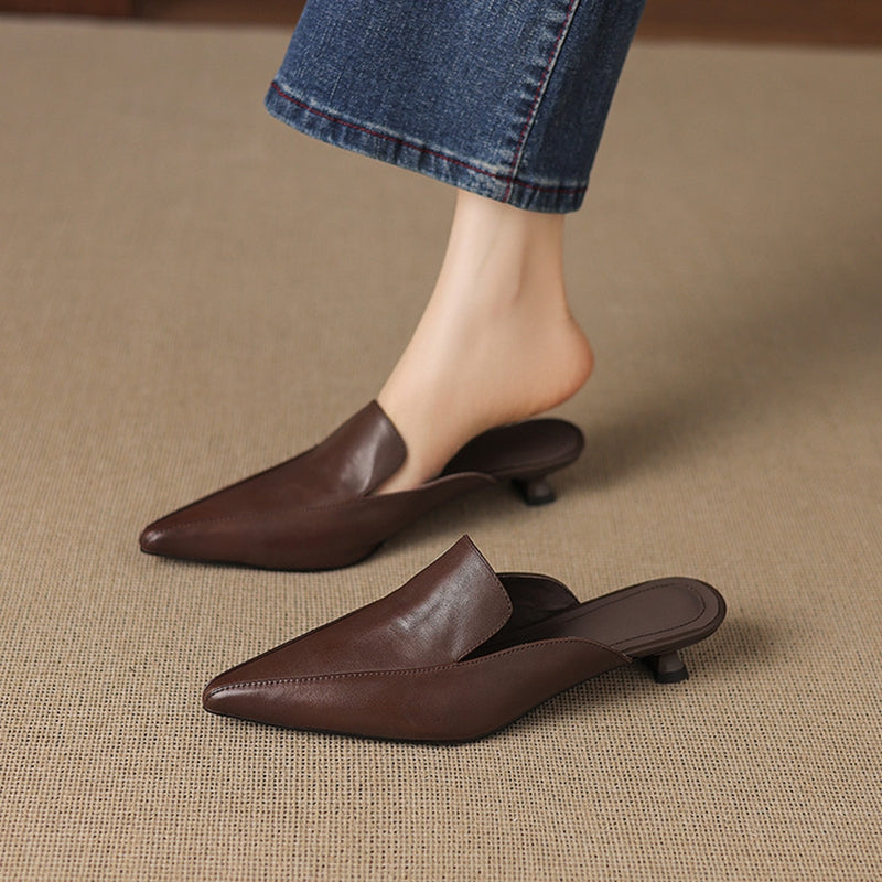 Mariel - Women's Pointed-Toe Leather Mules with Kitten Heel