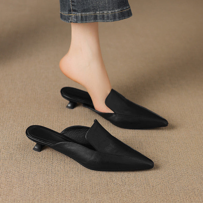 Mariel - Women's Pointed-Toe Leather Mules with Kitten Heel