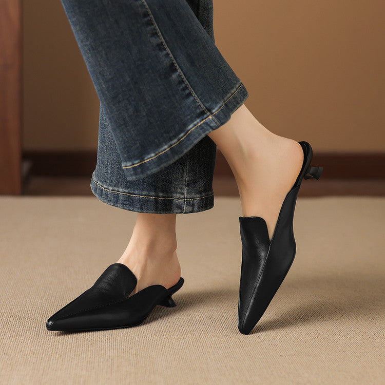 Mariel - Women's Pointed-Toe Leather Mules with Kitten Heel