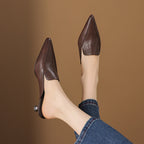 Mariel - Women's Pointed-Toe Leather Mules with Kitten Heel