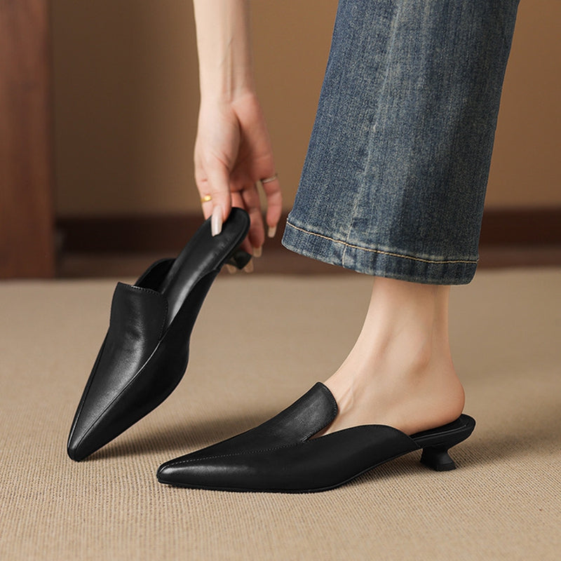 Mariel - Women's Pointed-Toe Leather Mules with Kitten Heel