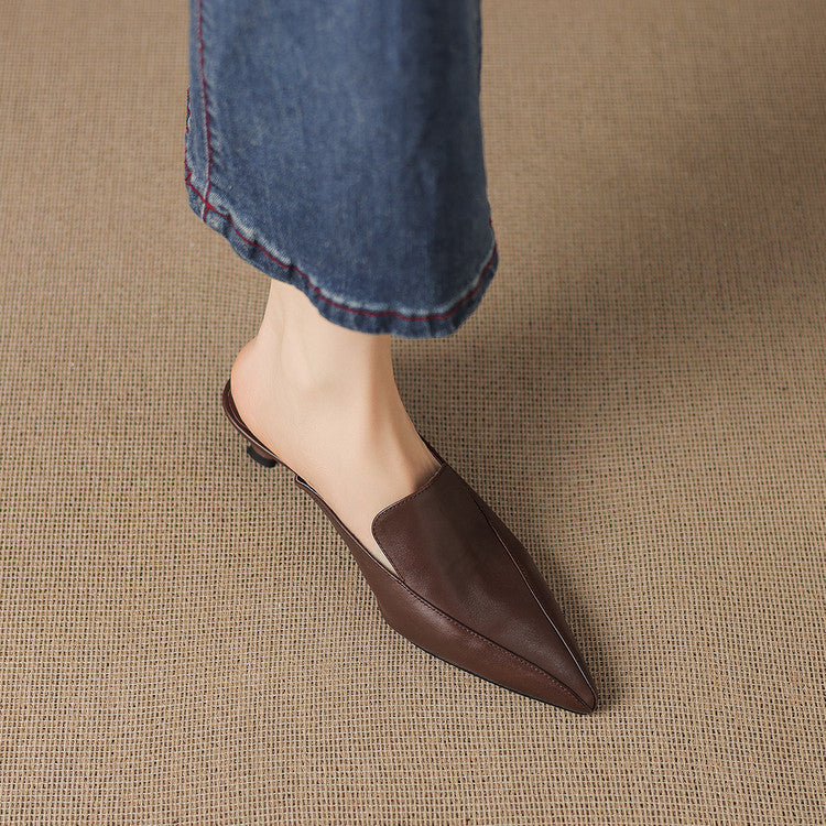 Mariel - Women's Pointed-Toe Leather Mules with Kitten Heel