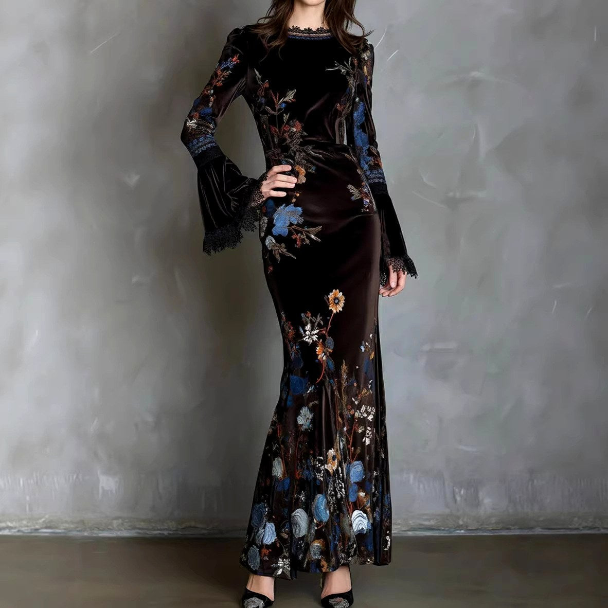 Marielle - Women’s Floral Velvet Flared Maxi Dress 2