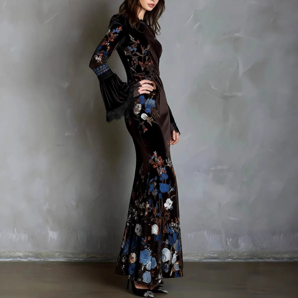 Marielle - Women’s Floral Velvet Flared Maxi Dress 3