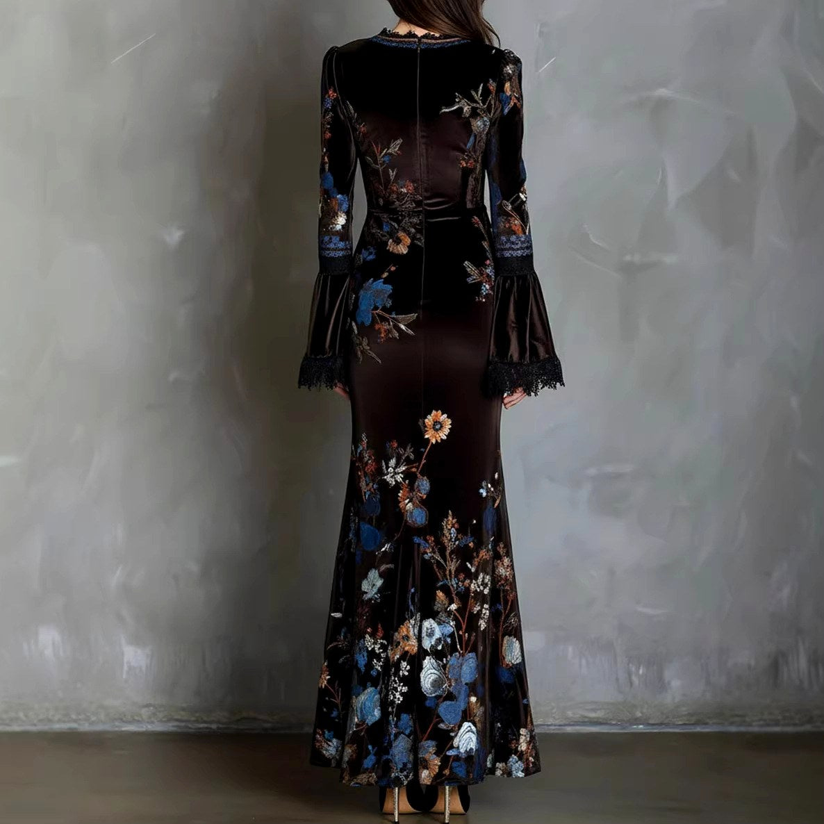 Marielle - Women’s Floral Velvet Flared Maxi Dress 5