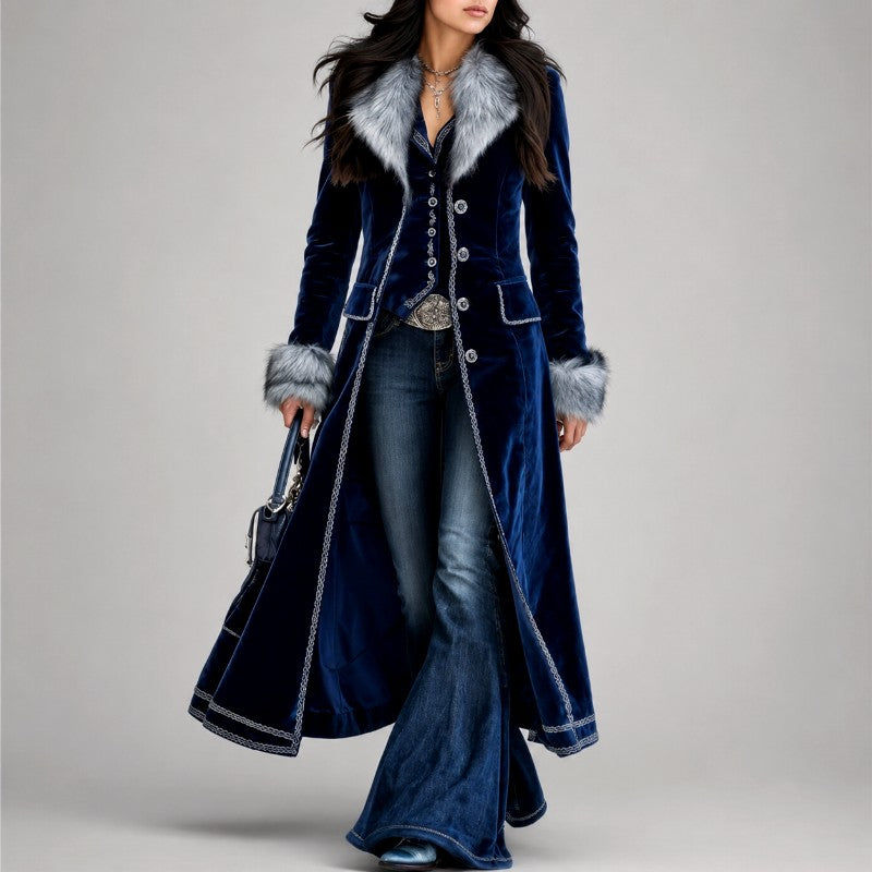 Marissa - Women's Faux Fur Collar Velvet Long Winter Coat 1