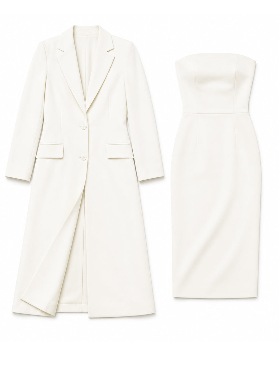 Marlene - Women's Notched Lapel Long Blazer with Strapless Tube Midi Dress Set