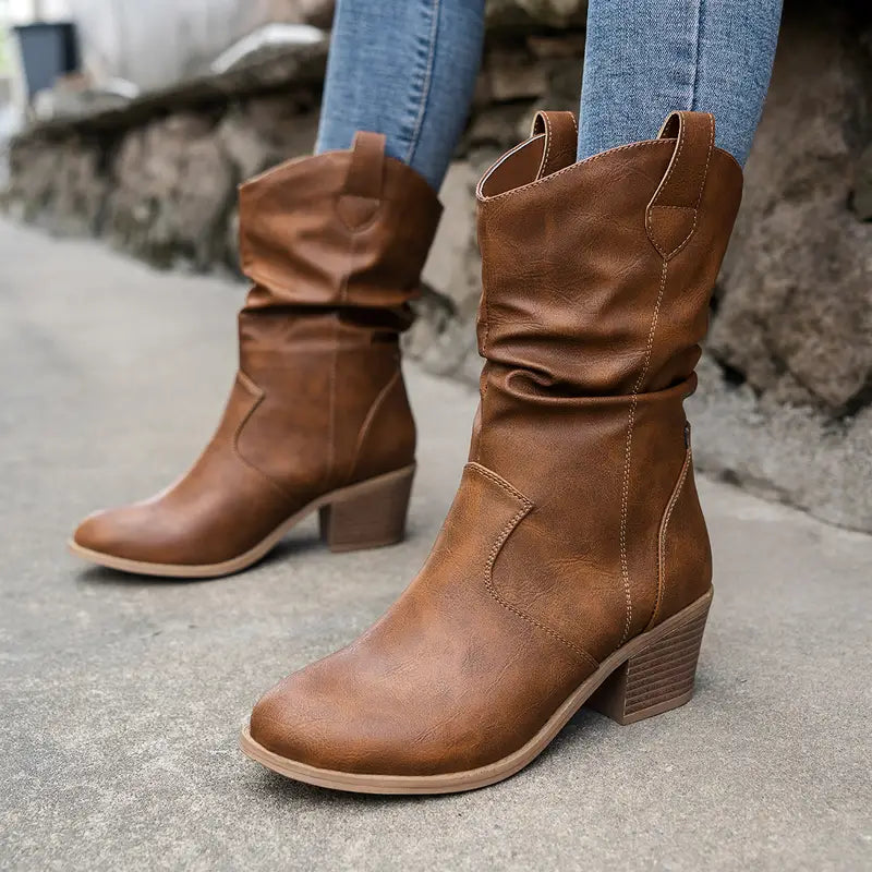 Marlene - Women's Slouchy Leather Block-Heel Boots
