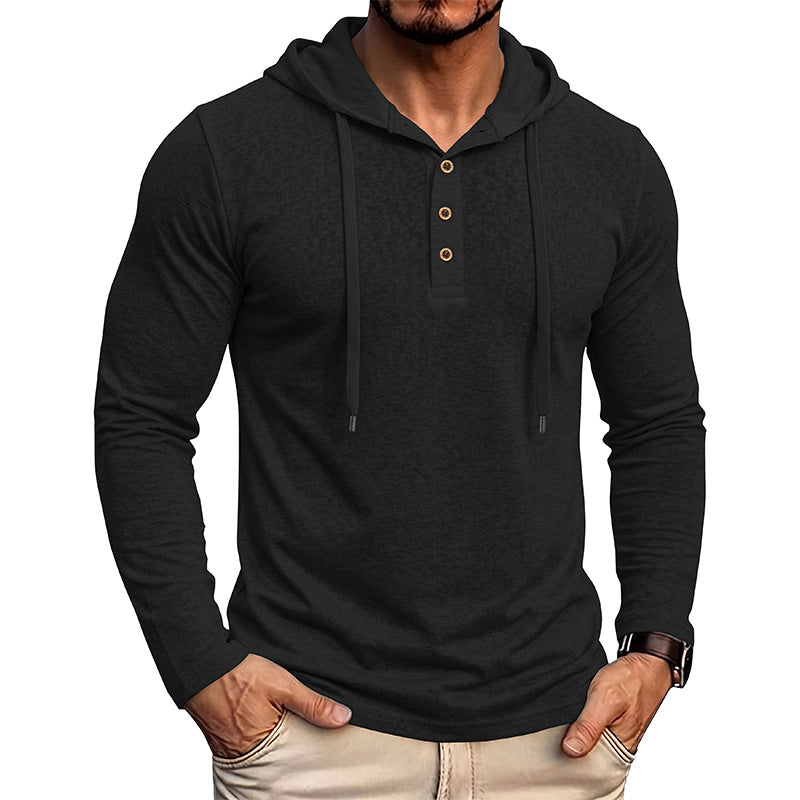 Mathew - Men's Drawstring Cotton-Linen Button-Placket Hooded Sweater 1