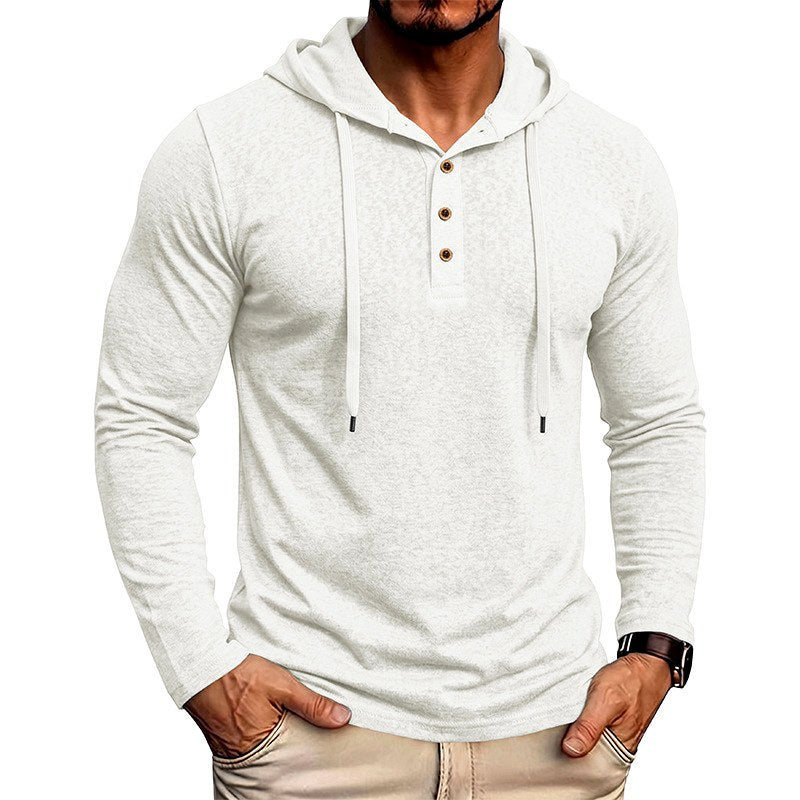 Mathew - Men's Drawstring Cotton-Linen Button-Placket Hooded Sweater 4