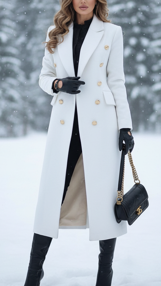 Matilda - Women's Double-Breasted Longline Coat with Gold Buttons
