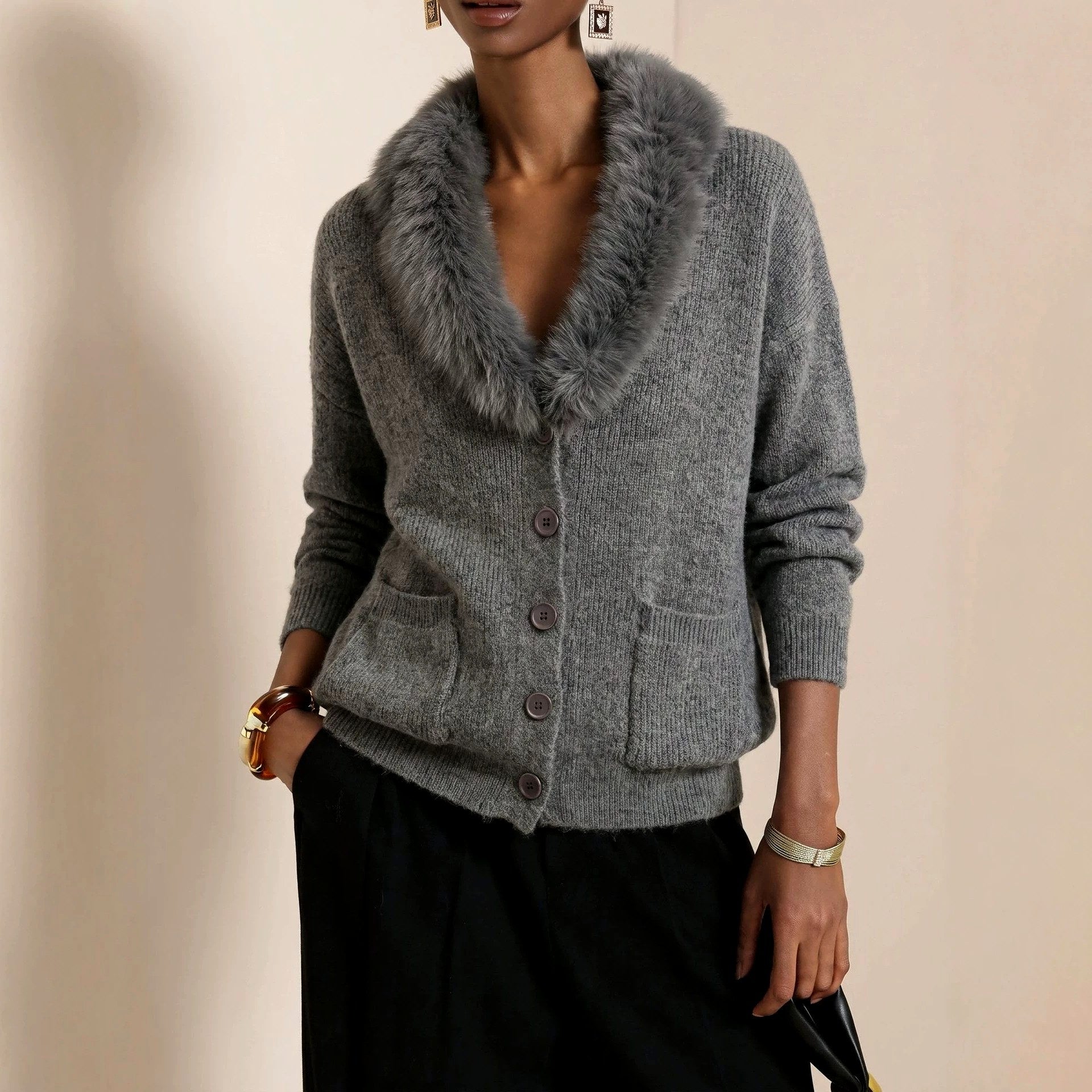 Maude - Women's Faux Fur Collar Button-Front Knit Cardigan 1