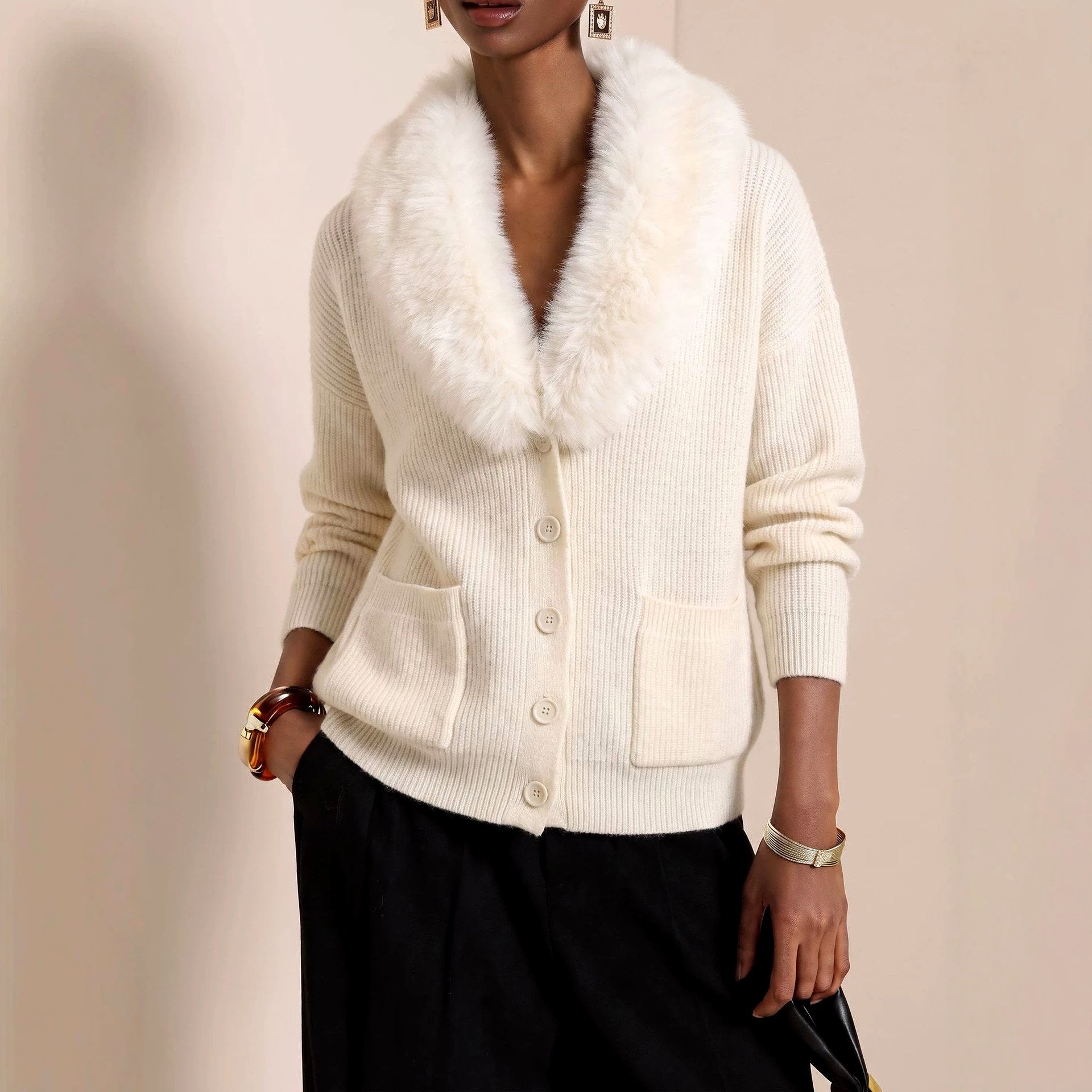 Maude - Women's Faux Fur Collar Button-Front Knit Cardigan 2