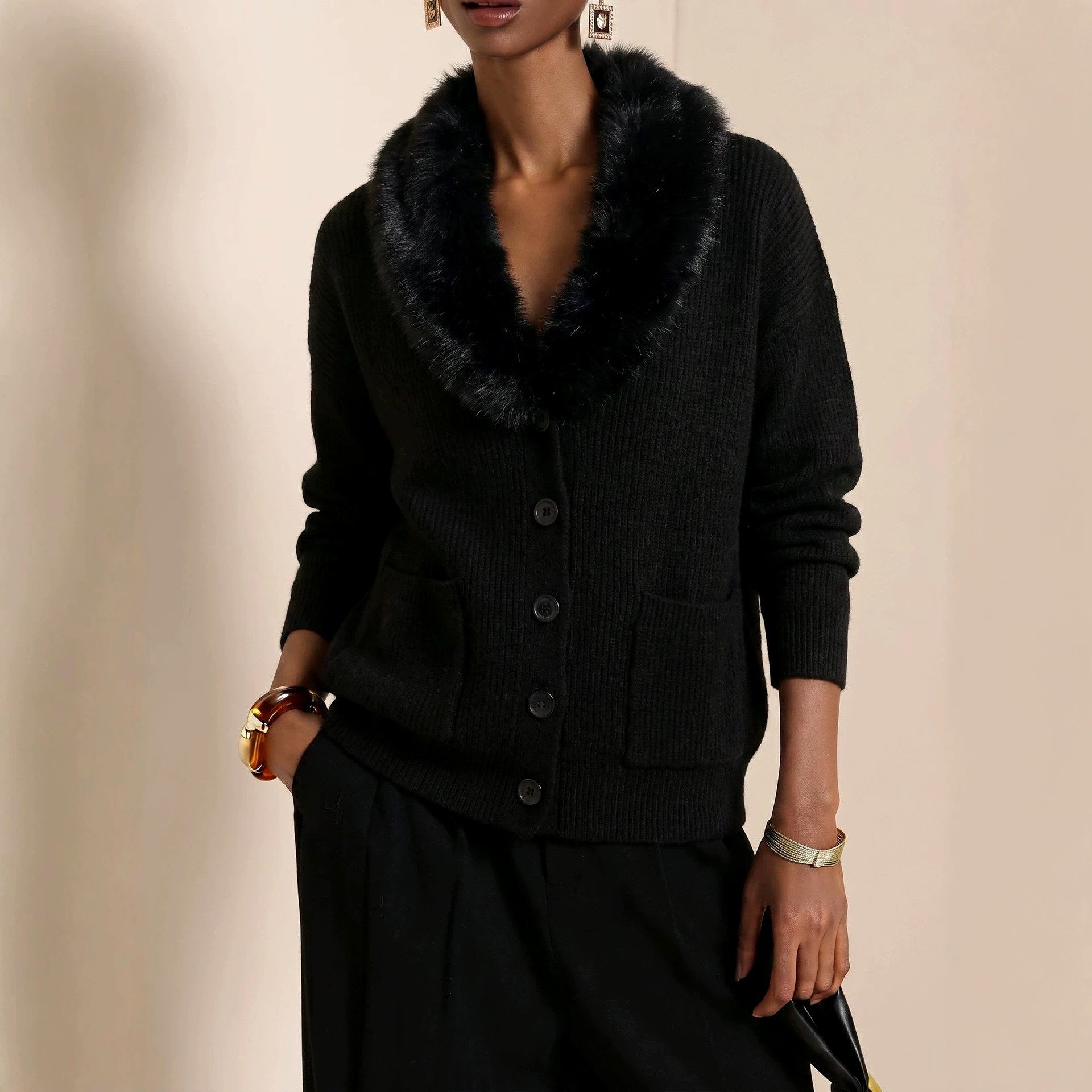 Maude - Women's Faux Fur Collar Button-Front Knit Cardigan 3