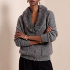 Maude - Women's Faux Fur Collar Button-Front Knit Cardigan 5