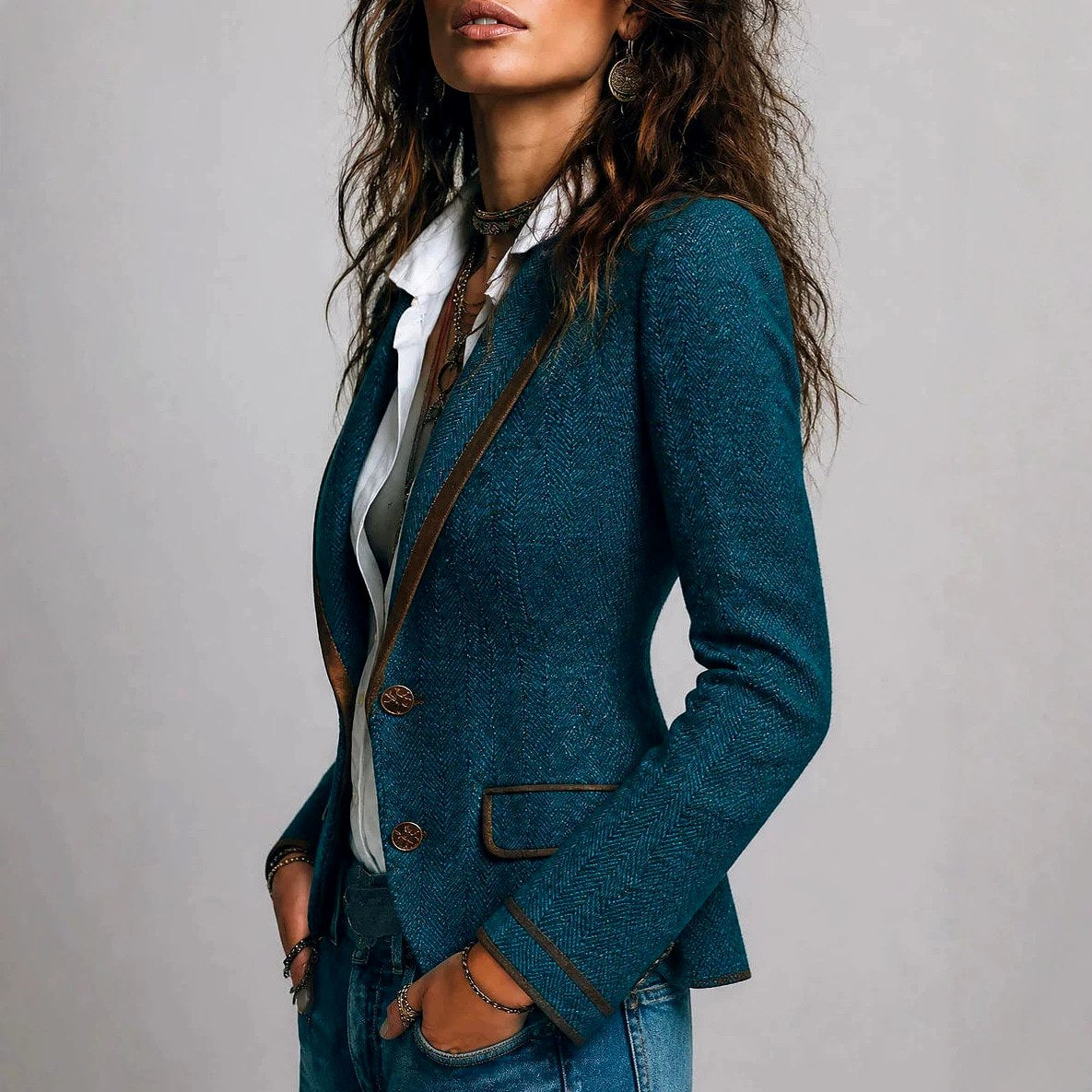 Megan - Women's Herringbone Slim Fit Button Blazer 2