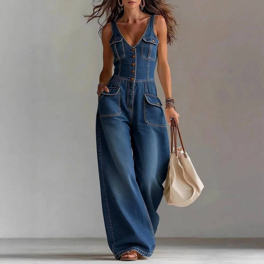 Miriam - Women's Denim V-Neck Wide Leg Jumpsuit 1