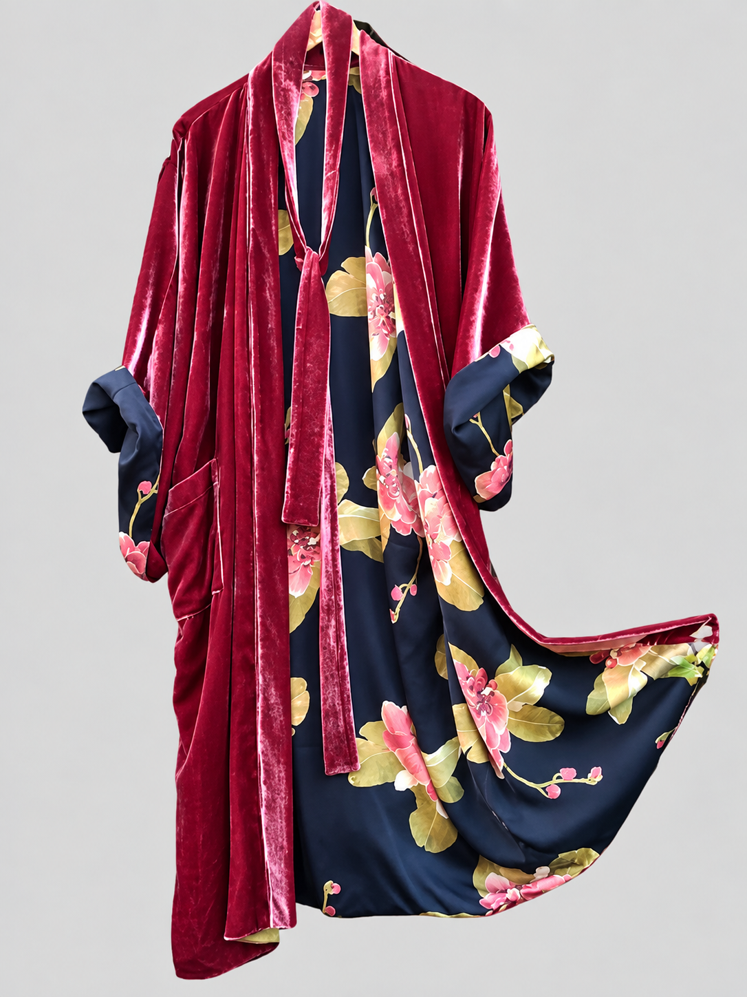 Nashreign - Women's Velvet-Trim Floral Satin Cardigan Robe