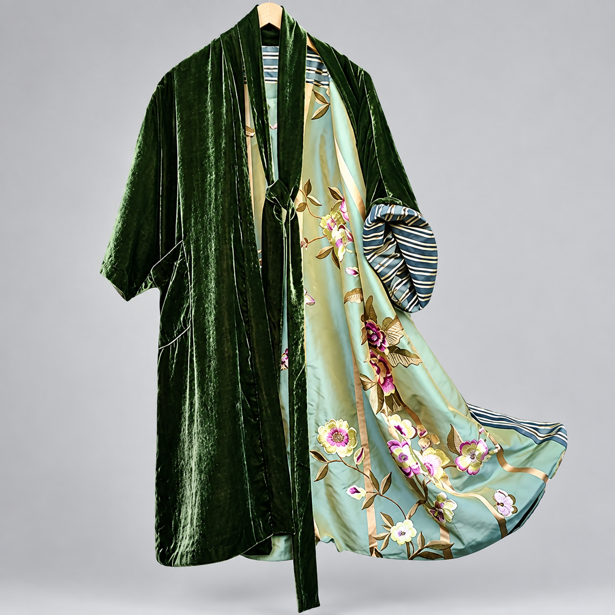 Nashreign - Women's Velvet-Trim Floral Satin Cardigan Robe