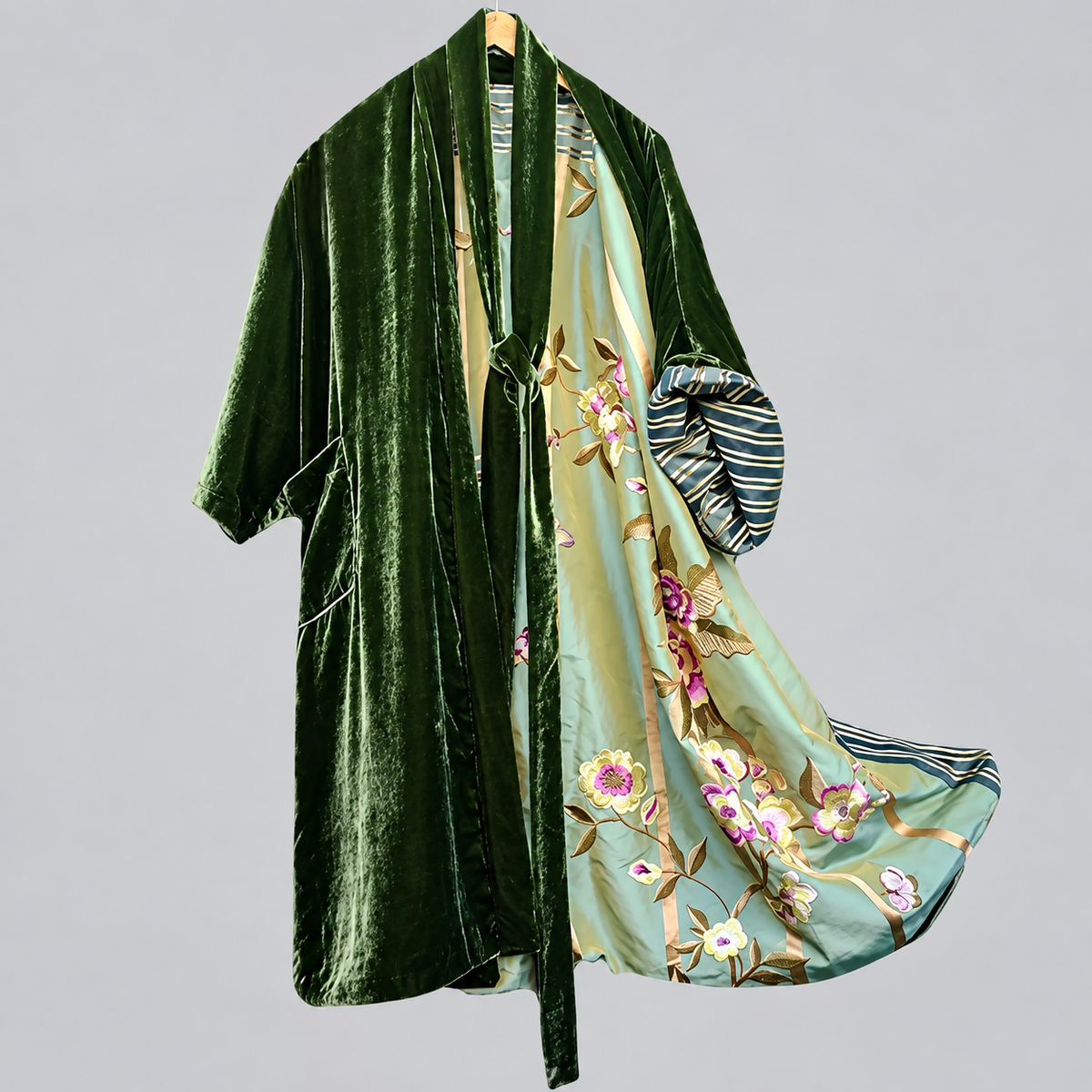 Nashreign - Women's Velvet-Trim Floral Satin Cardigan Robe