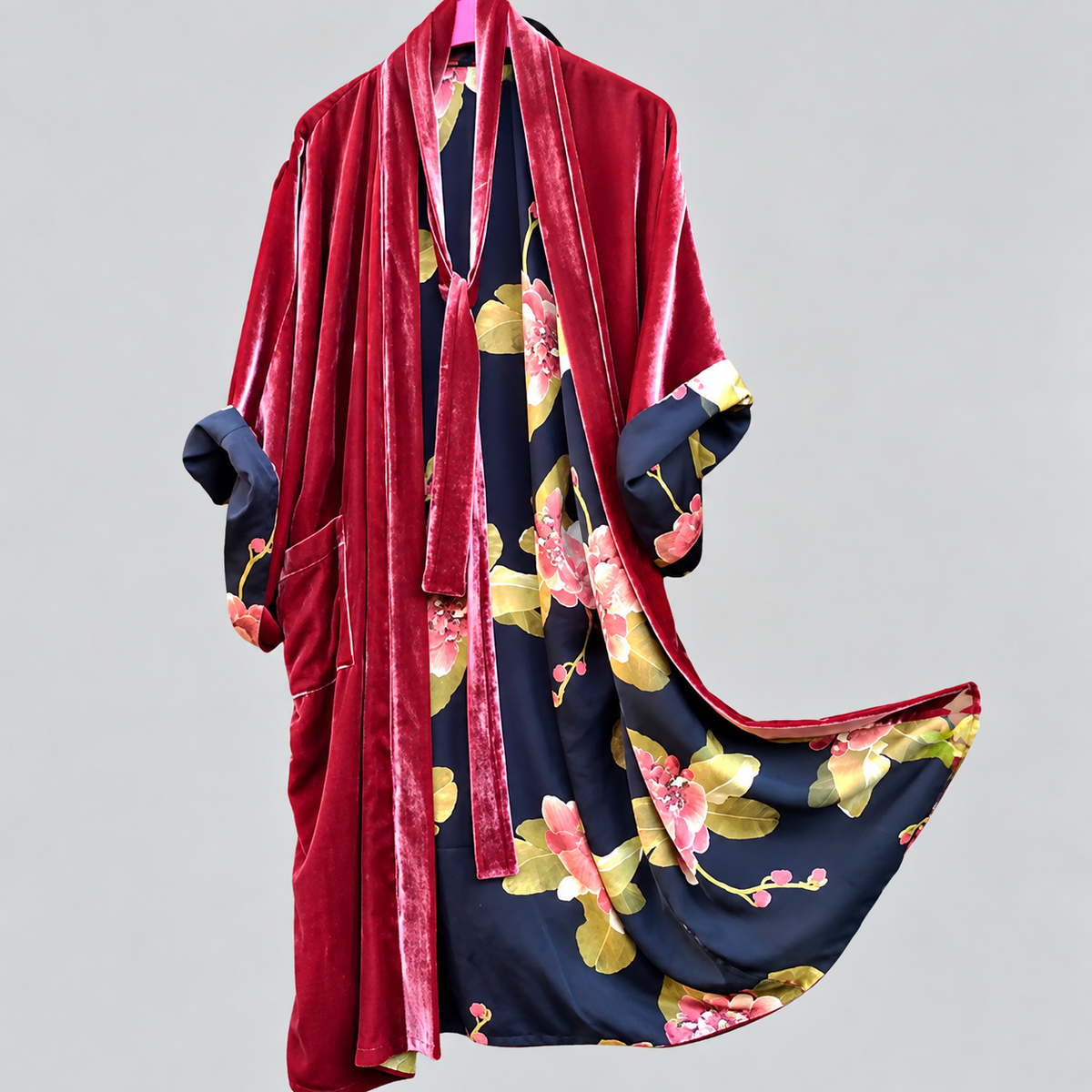Nashreign - Women's Velvet-Trim Floral Satin Cardigan Robe