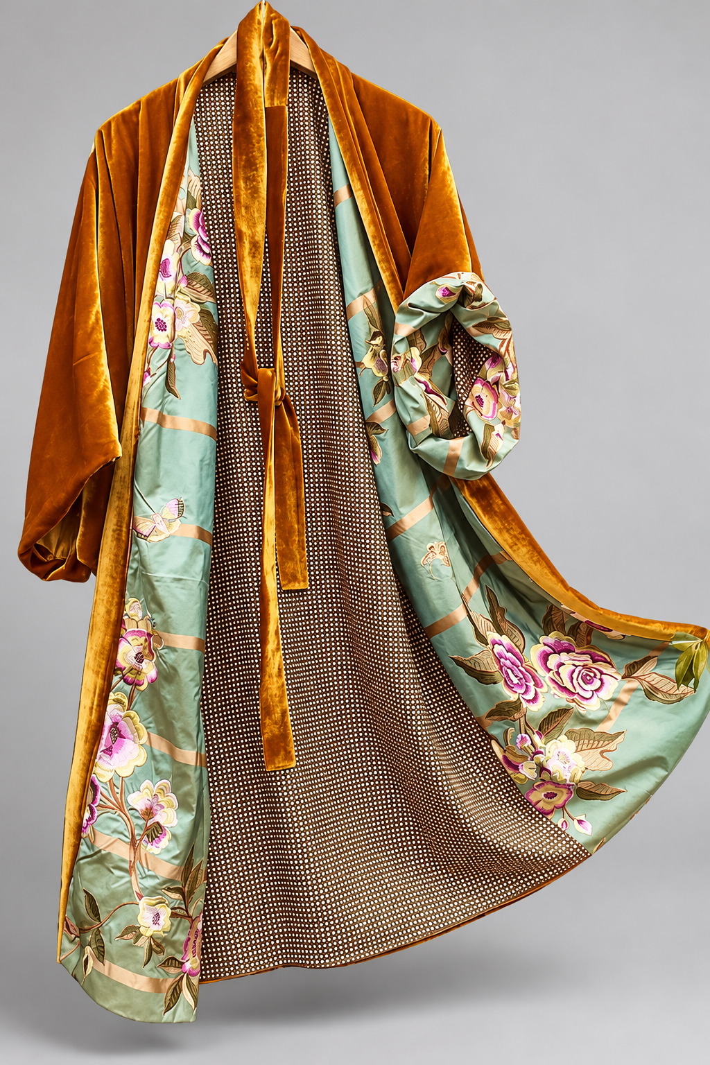 Nashreign - Women's Velvet-Trim Floral Satin Cardigan Robe