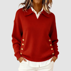 Natasha - Women's Collared V-Neck Knit Sweater with Side Buttons