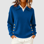 Natasha - Women's Collared V-Neck Knit Sweater with Side Buttons