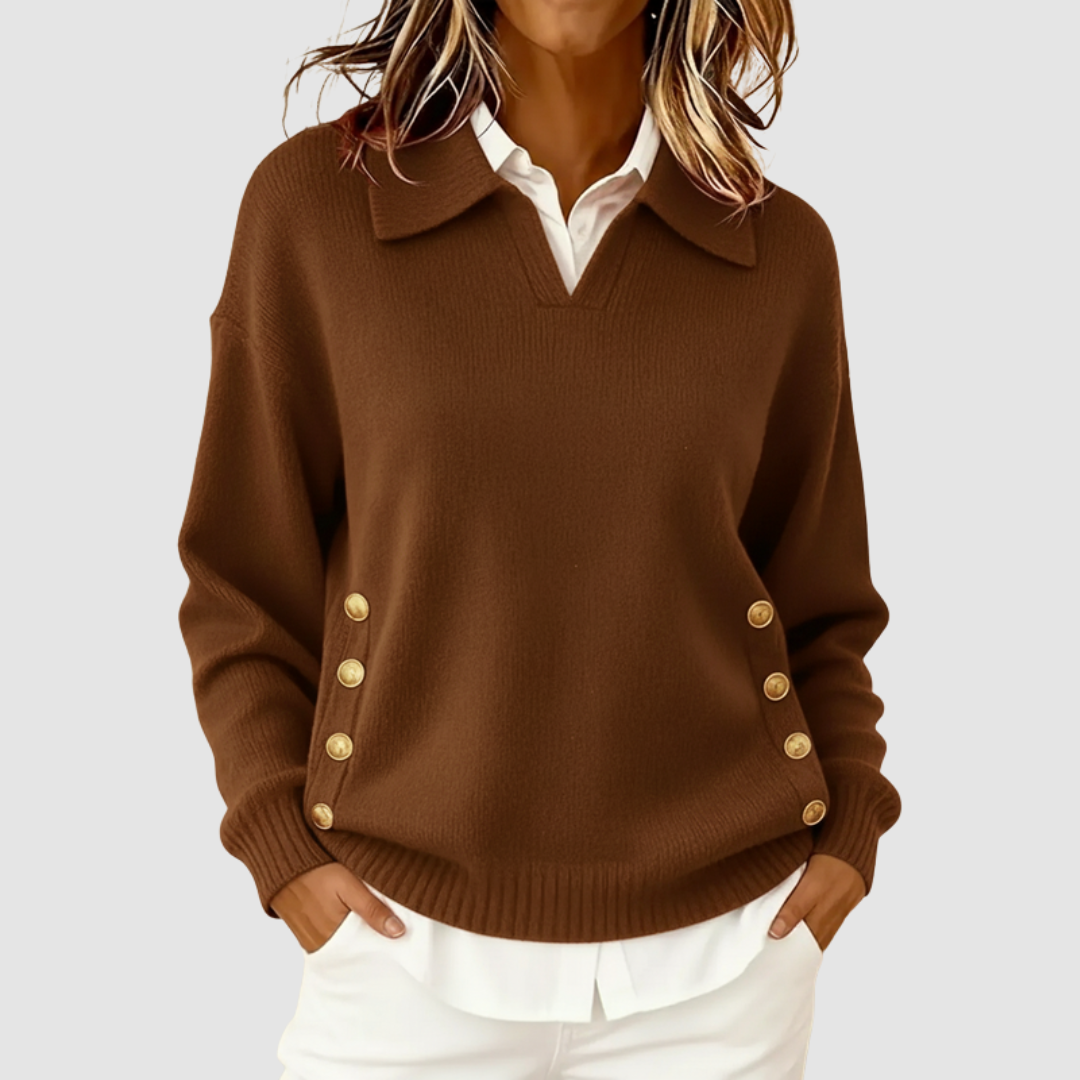 Natasha - Women's Collared V-Neck Knit Sweater with Side Buttons