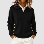 Natasha - Women's Collared V-Neck Knit Sweater with Side Buttons