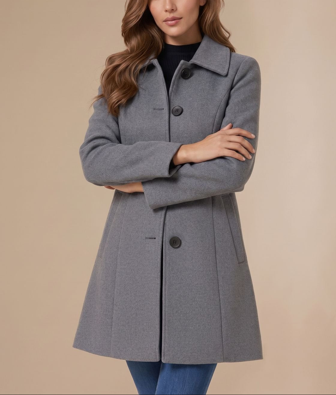 Nicole - Women's Button-Front A-Line Wool Coat with Notch Collar