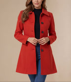 Nicole - Women's Button-Front A-Line Wool Coat with Notch Collar