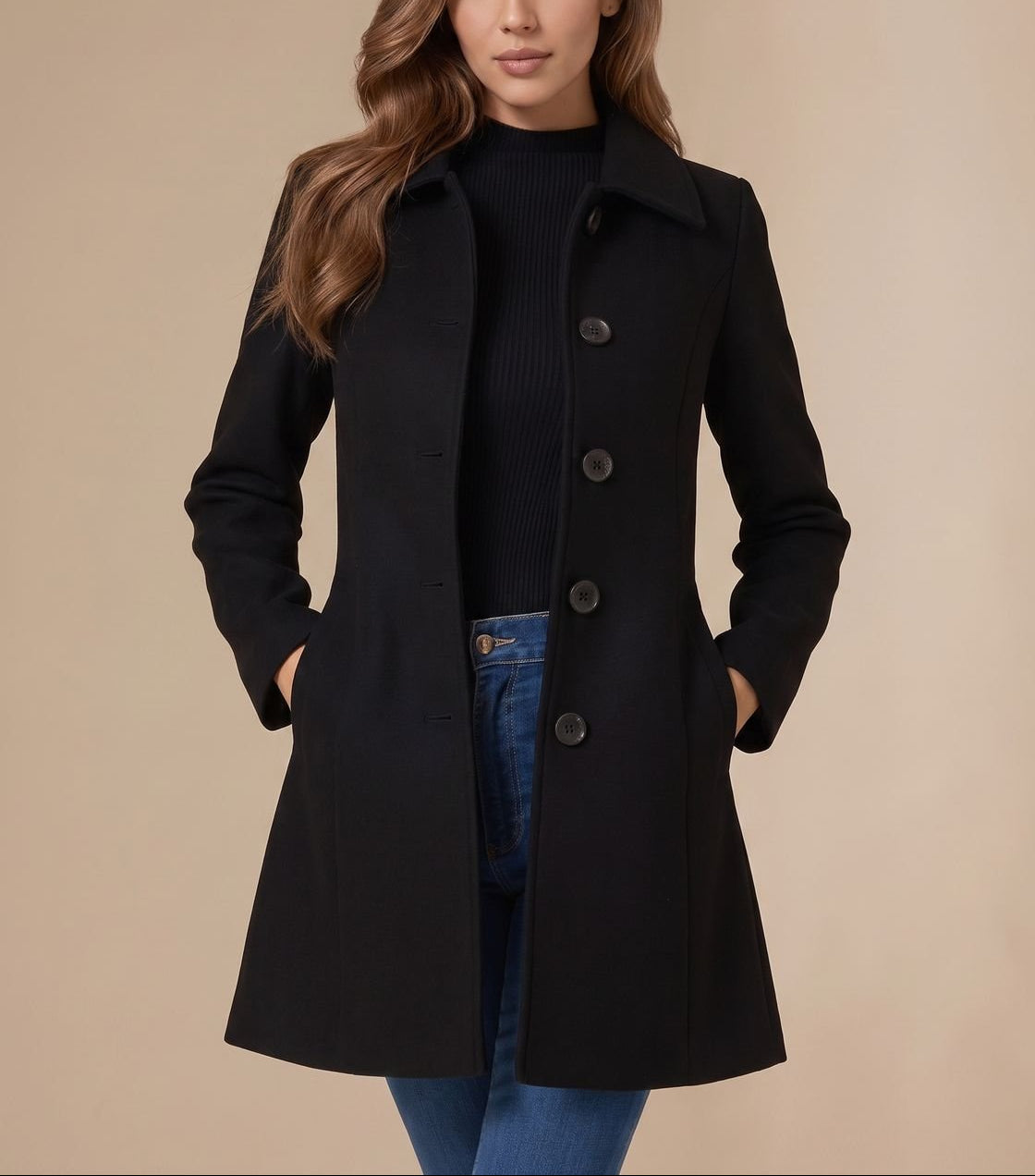 Nicole - Women's Button-Front A-Line Wool Coat with Notch Collar
