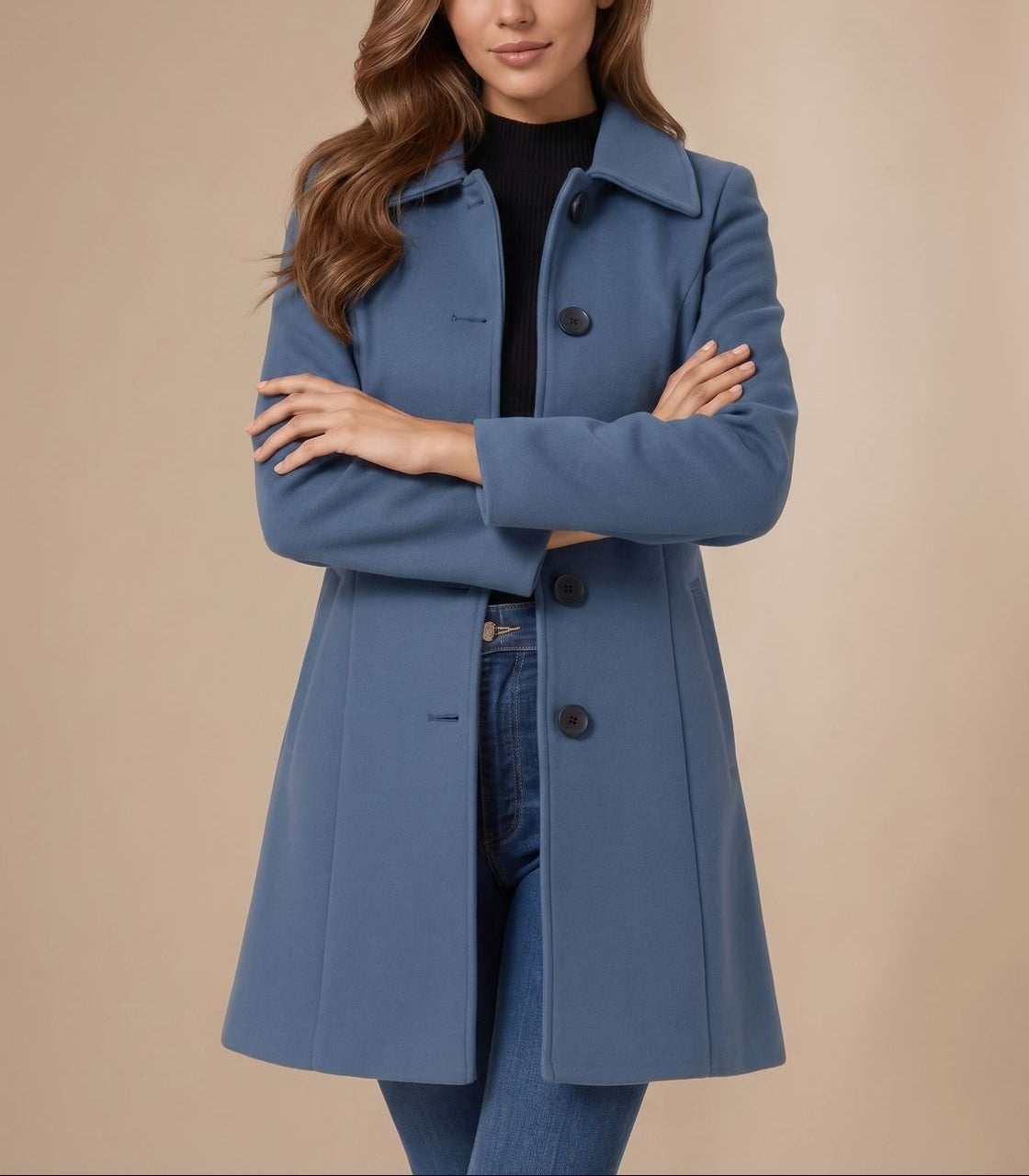 Nicole - Women's Button-Front A-Line Wool Coat with Notch Collar