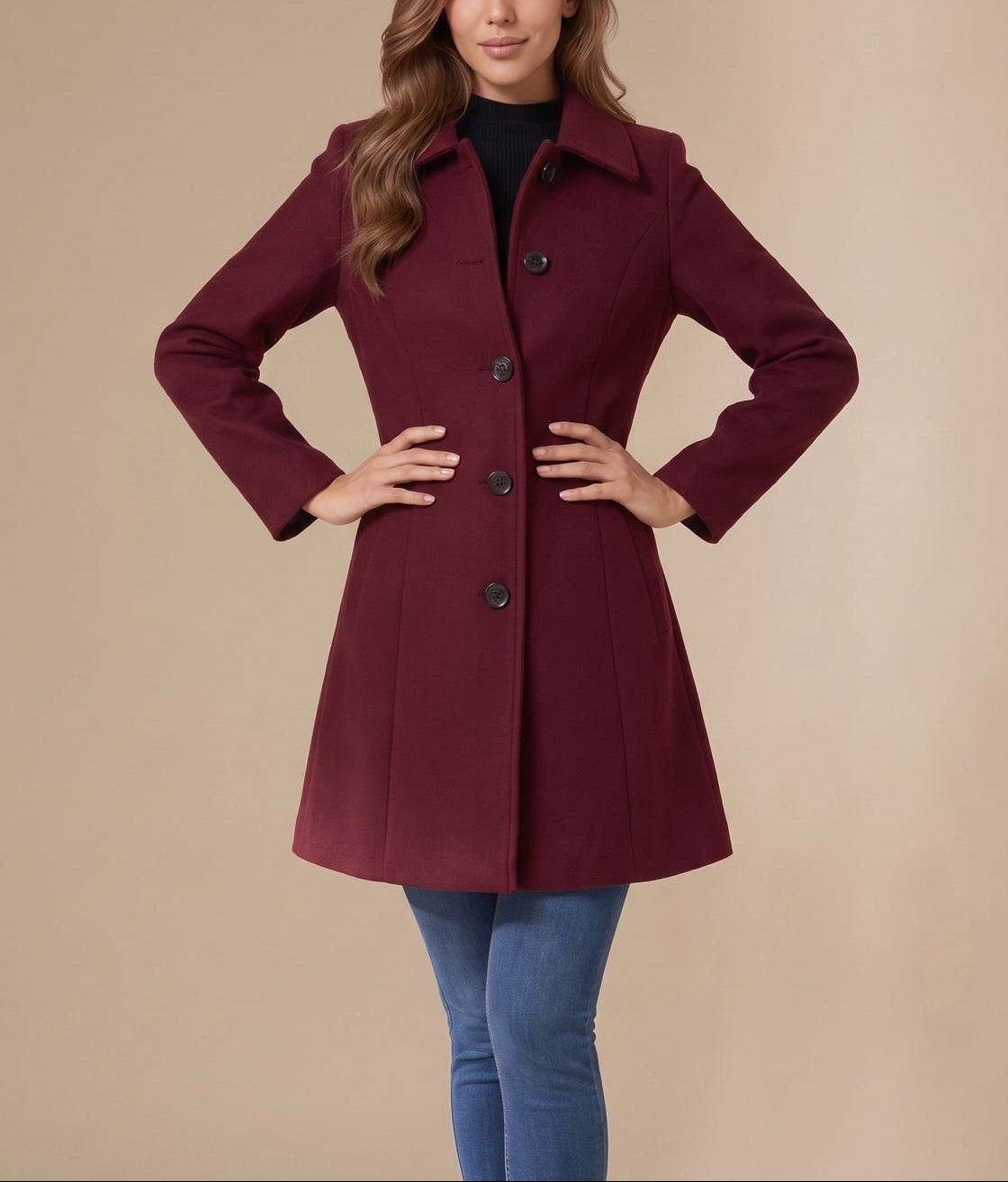 Nicole - Women's Button-Front A-Line Wool Coat with Notch Collar