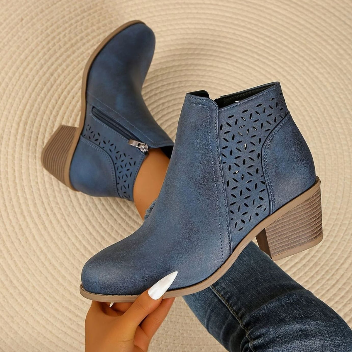 Nora - Women's Perforated Ankle Boots with Block Heel 
