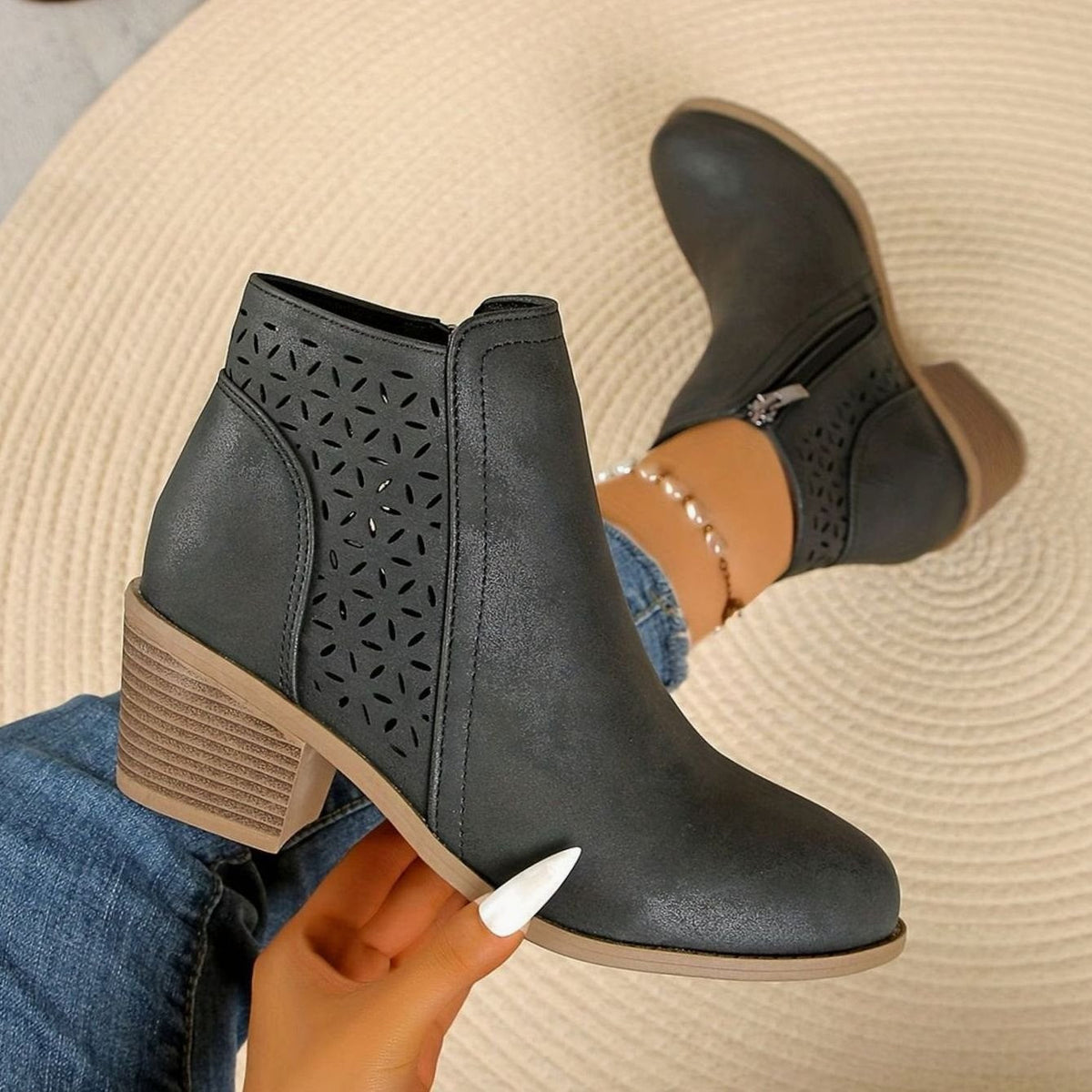 Nora - Women's Perforated Ankle Boots with Block Heel 