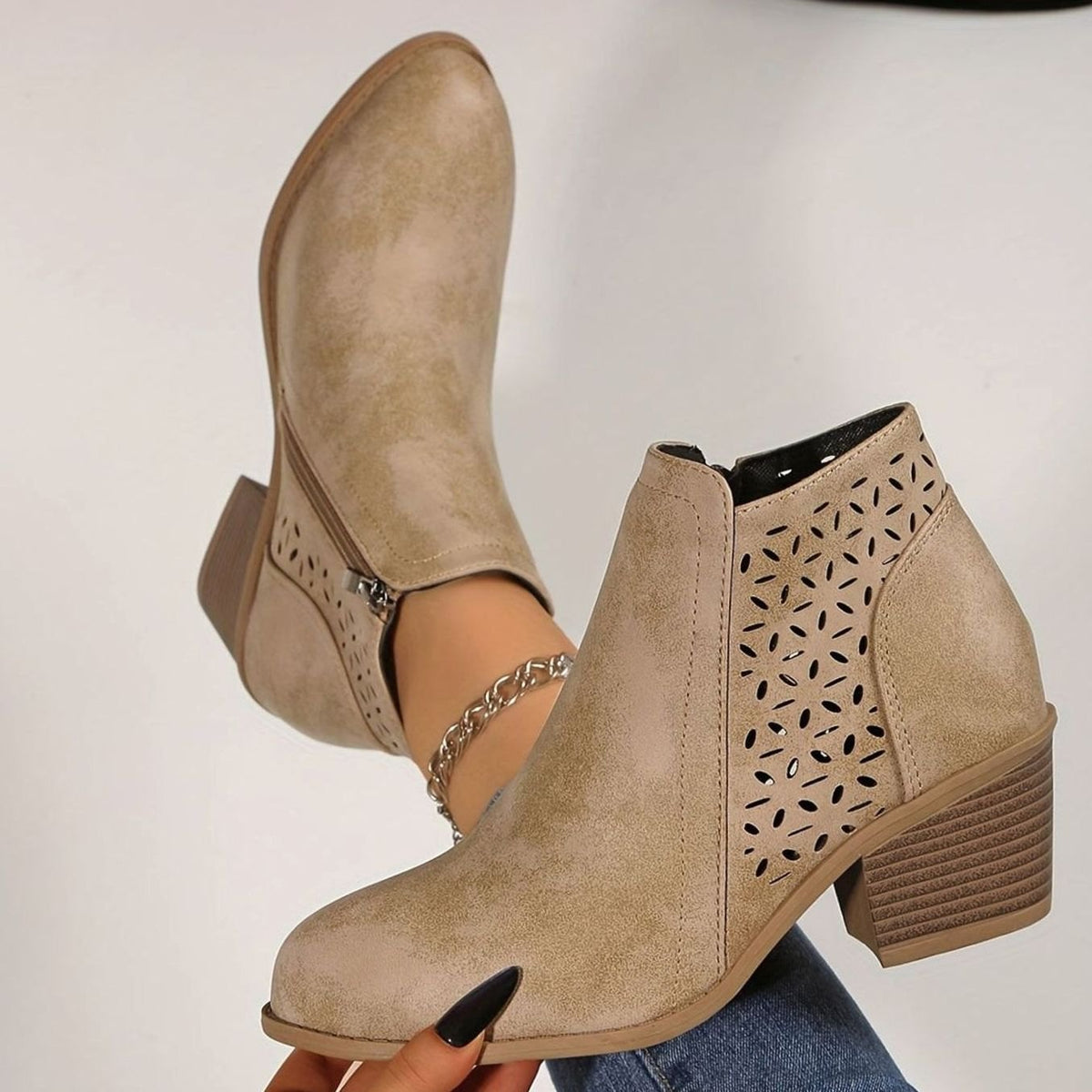 Nora - Women's Perforated Ankle Boots with Block Heel 