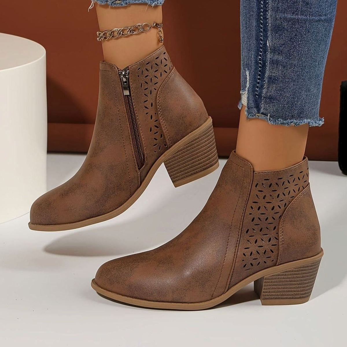 Nora - Women's Perforated Ankle Boots with Block Heel 