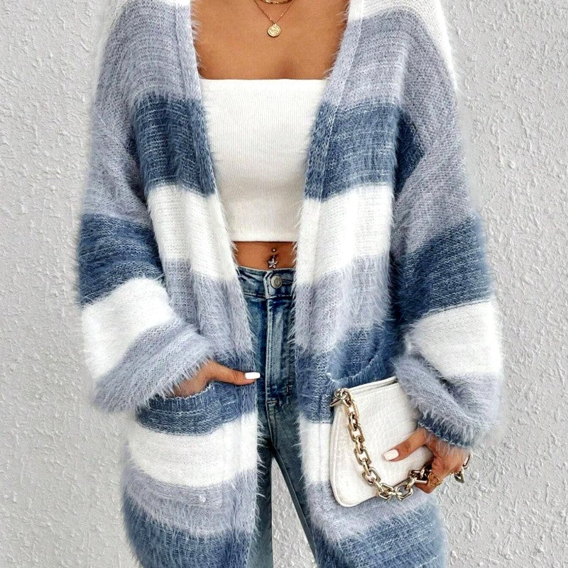 Nora - Women’s Fuzzy Striped Knit Cardigan 2