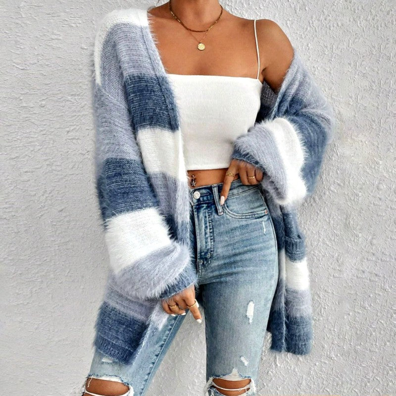 Nora - Women’s Fuzzy Striped Knit Cardigan 3
