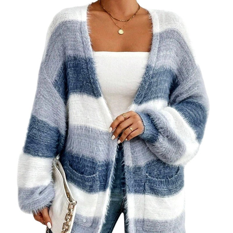 Nora - Women’s Fuzzy Striped Knit Cardigan 5