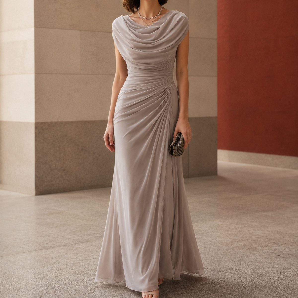 Novalee - Women's Draped Cowl-Neck Ruched Wedding Guest Dress