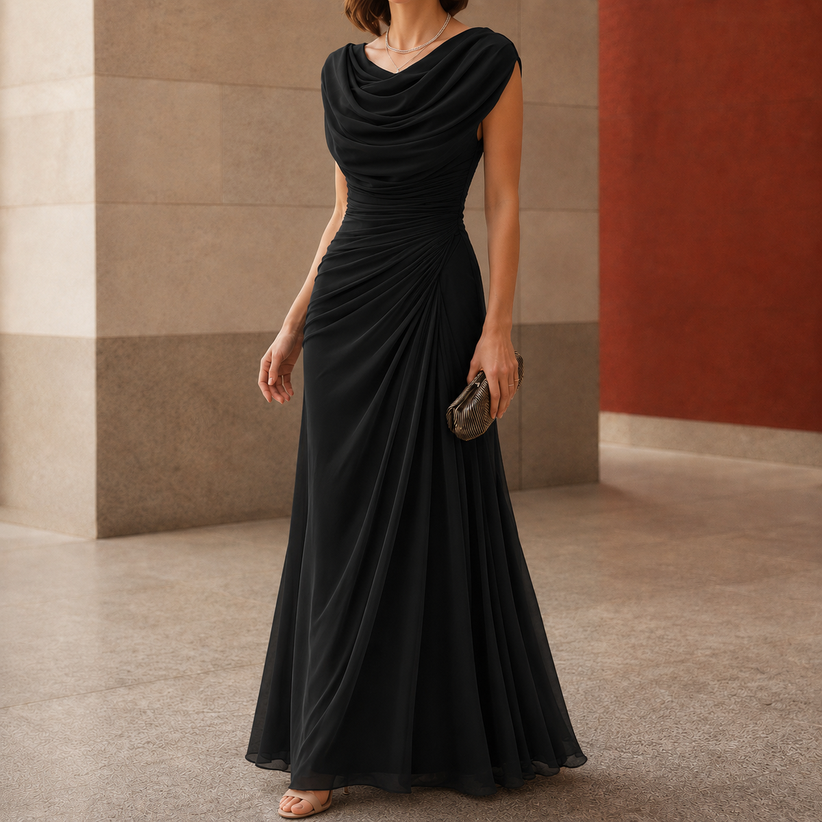 Novalee - Women's Draped Cowl-Neck Ruched Wedding Guest Dress