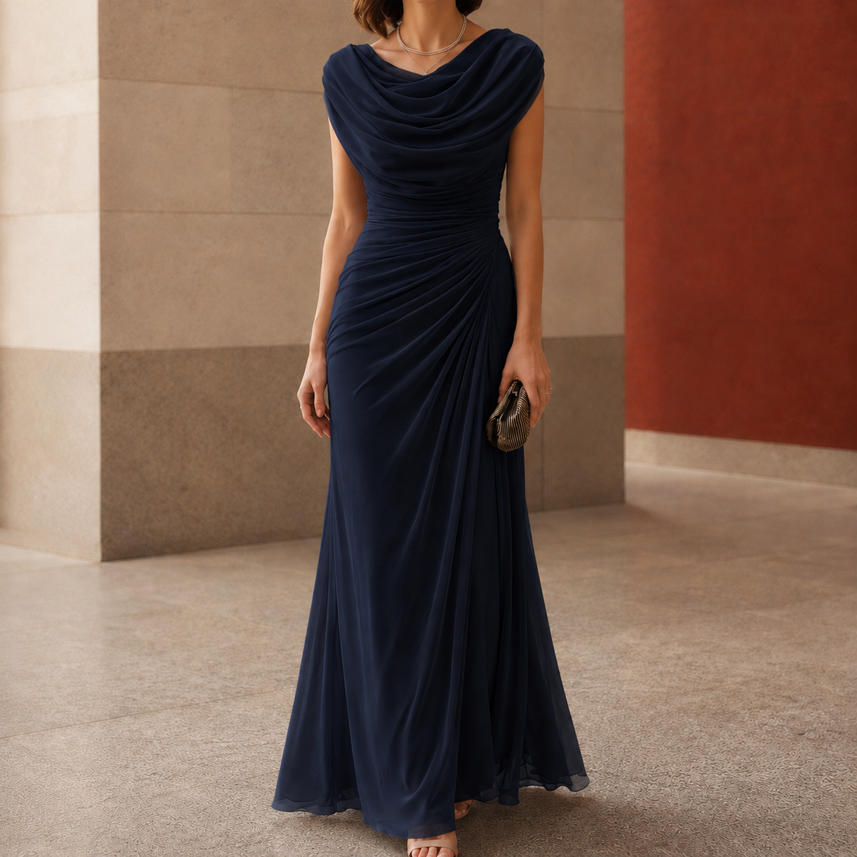 Novalee - Women's Draped Cowl-Neck Ruched Wedding Guest Dress