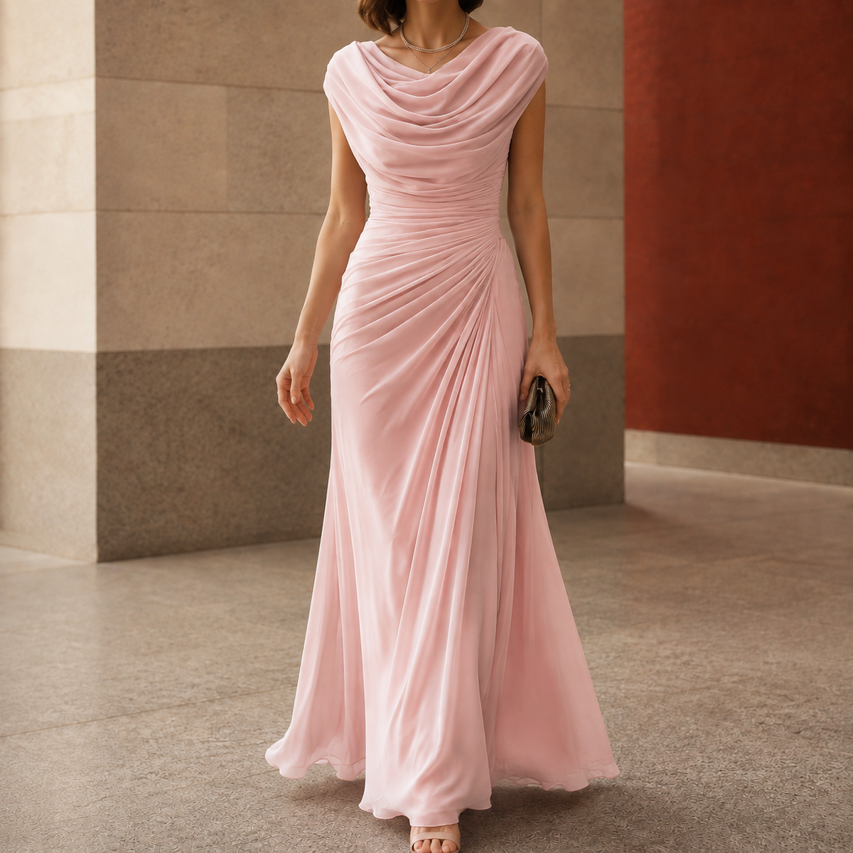 Novalee - Women's Draped Cowl-Neck Ruched Wedding Guest Dress
